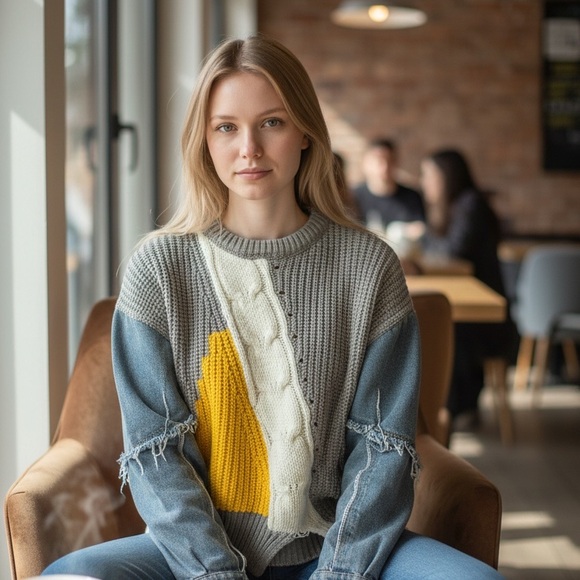Boutique Patchwork Knit Sweater w/ Denim Sleeves | Small - Picture 4 of 6